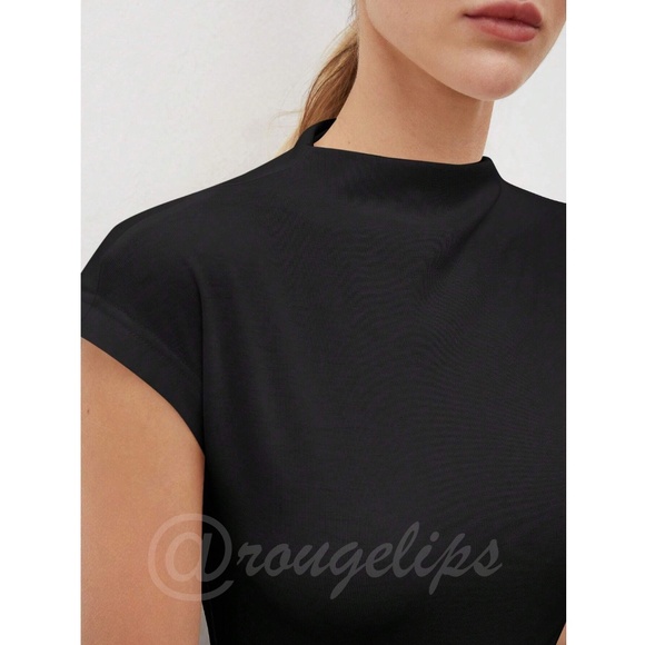 Black High Neck Cap Short Sleeve Tee Shirt - Picture 3 of 12